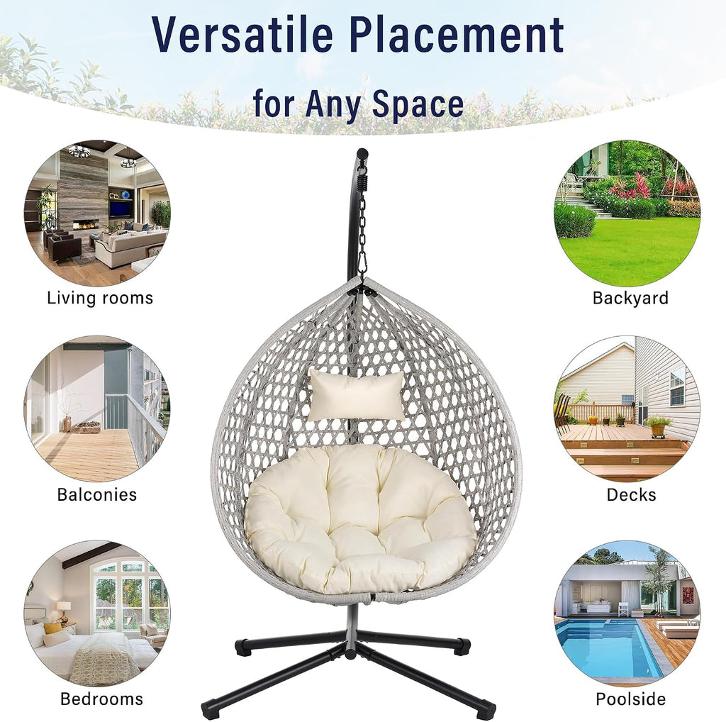 Single Hammock Chair with Stand Durable Hanging Egg Chair with Rattan Weaving, Indoor Outdoor Swing Chairs with Soft Removable Cushion for Balcony, Bedroom, Patio, or Garden, Grey+Beige