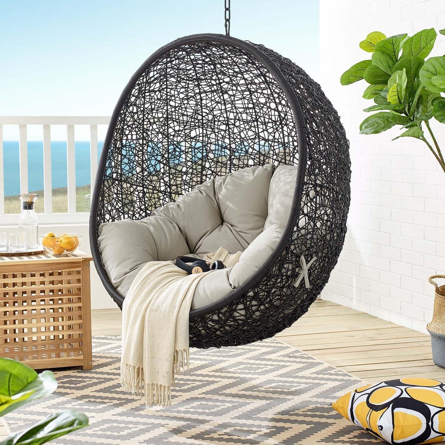 Modway EEI-3636-BLK-BEI Encase Swing Outdoor Patio Lounge Chair Without Stand, Black Beige, 43.5 x 40 x 125.5