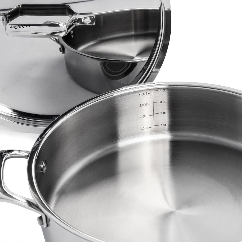 Berghoff Professional Tri-ply 18/10 Stainless Steel Sauté Pan 11' 4.6 Qt. Safe Grip Handle Matching Lid Induction Cooktop Measurement Markings Inside Fast & Even Heat Oven Safe