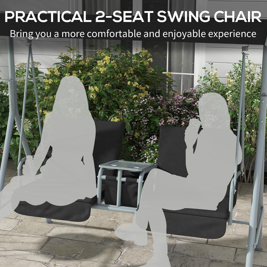 Outsunny 2 Person Porch Swing with Stand, Outdoor Swing with Canopy, Pivot Storage Table, 2 Cup Holders, Cushions for Patio, Backyard, Black