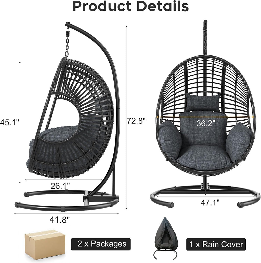 KEIKI Hanging Egg Chair with Stand Outdoor, 400LBS Capacity Patio Swing Chair with Cushion, Weatherproof PE Rattan Hammock Chair for Bedroom Balcony Garden, Waterproof Cover Included, Grey