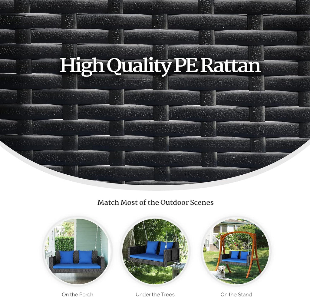 VINGLI Rattan Porch Swing, Heavy Duty 800 LBS Outdoor Hanging Seat with Extra Cushion and Adjustable Chain, the Porch Swing Seat Made by Wicker Suits for Garden, Yard, Lawn (Black, 4 FT)