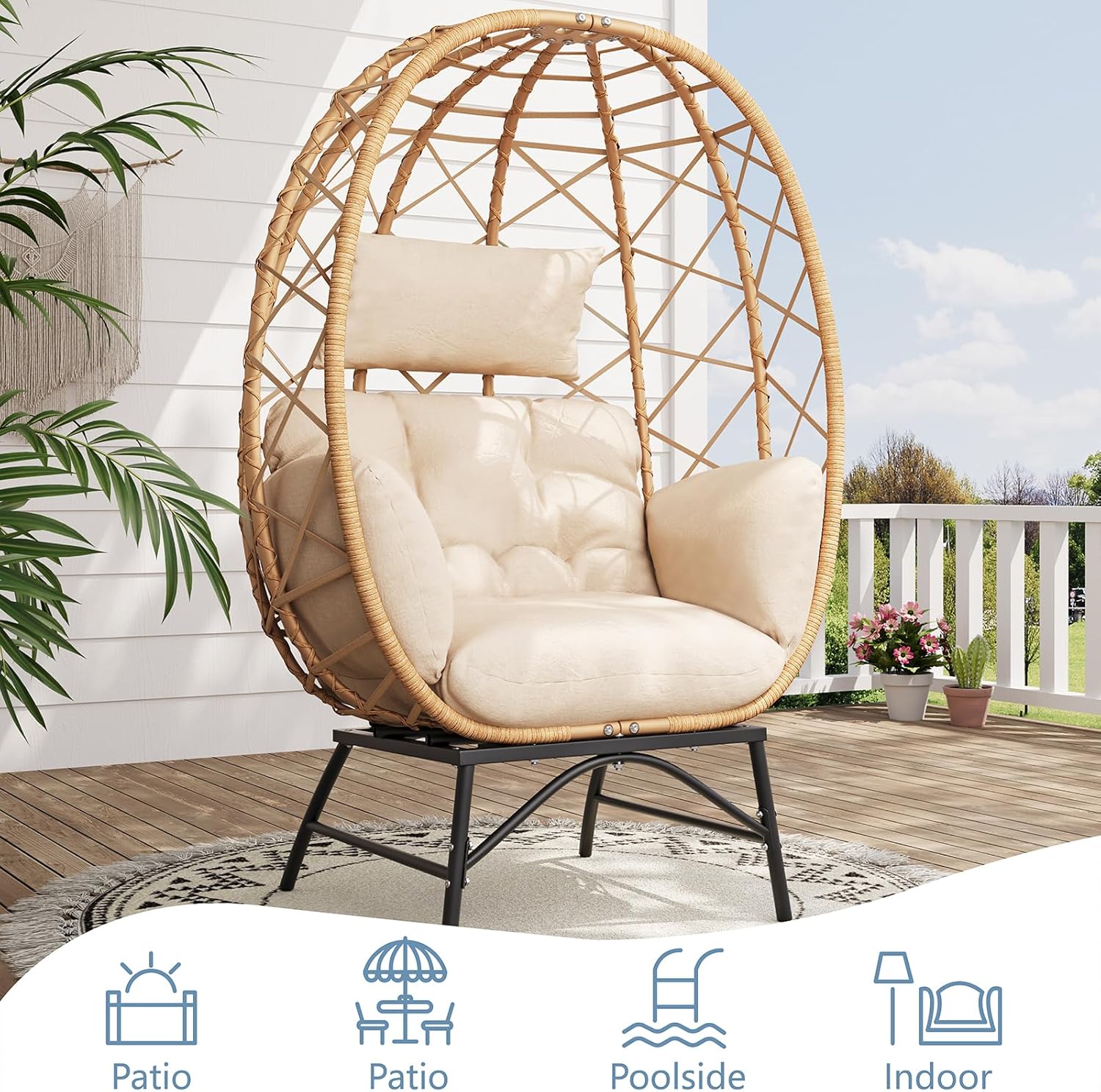 SWITTE Wicker Egg Chair Outdoor, Oversized Patio Lounge Chairs with Cushion for Indoor Living Room, Bedroom, Outside Backyard Balcony-Beige