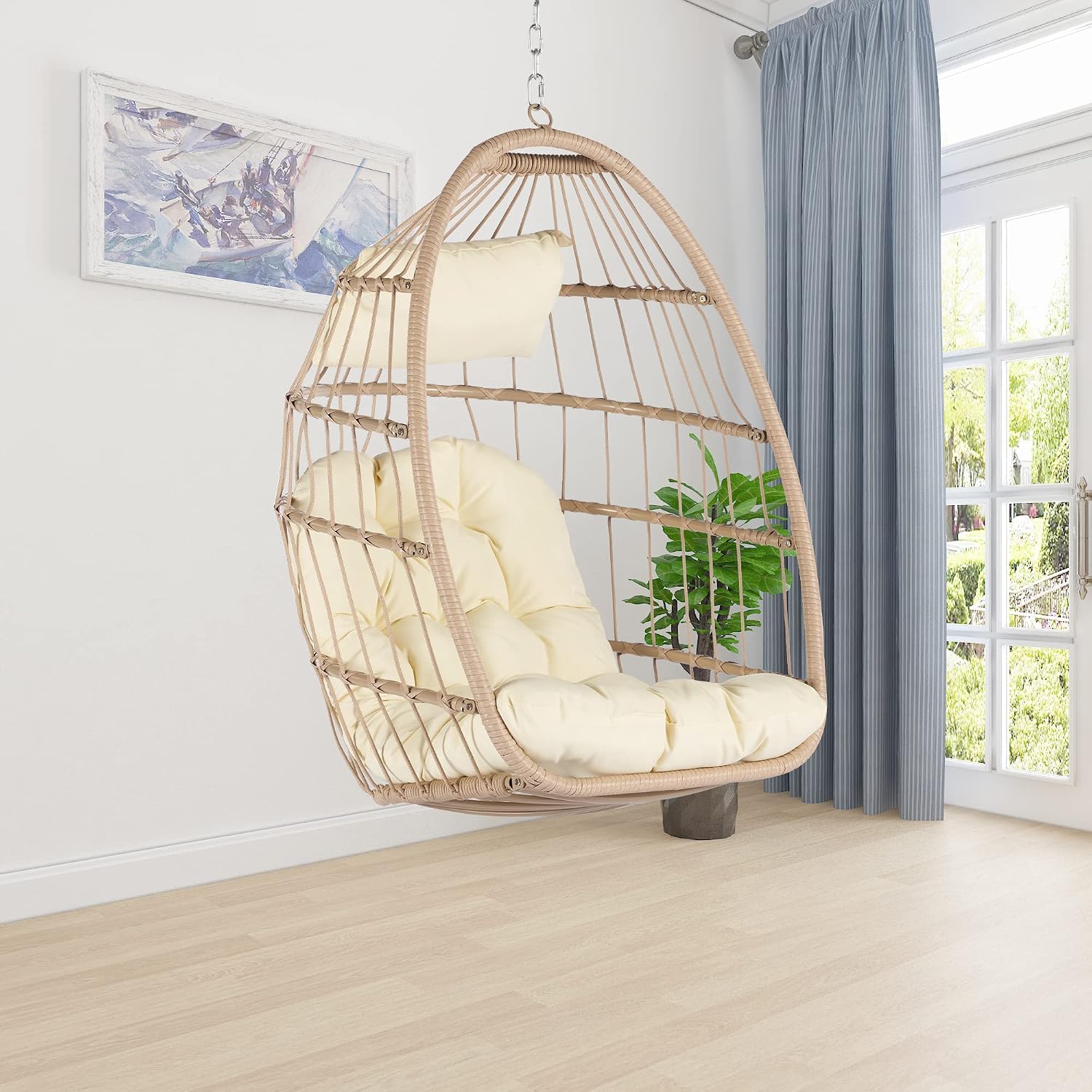 KEIKI Hanging Egg Chair, Outdoor Patio Swing Basket Egg Chair with Cushion, 360LBS Load Rattan Wicker Hammock Chair for Balcony, Garden, Living Room, Natural+Khaki