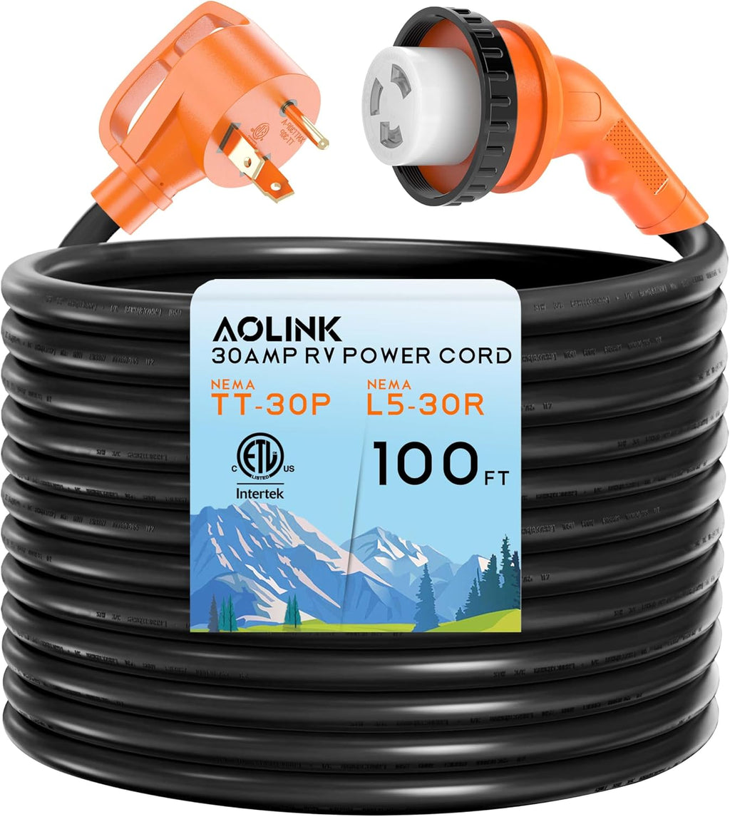 30 Amp 100 Feet RV Power Cord with 135° Designed Handle and Twist Locking Connector, Heavy Duty 10 Gauge STW Pure Copper Wire, NEMA TT-30P to L5-30R with Cord Organizer for RV Trailer Campers