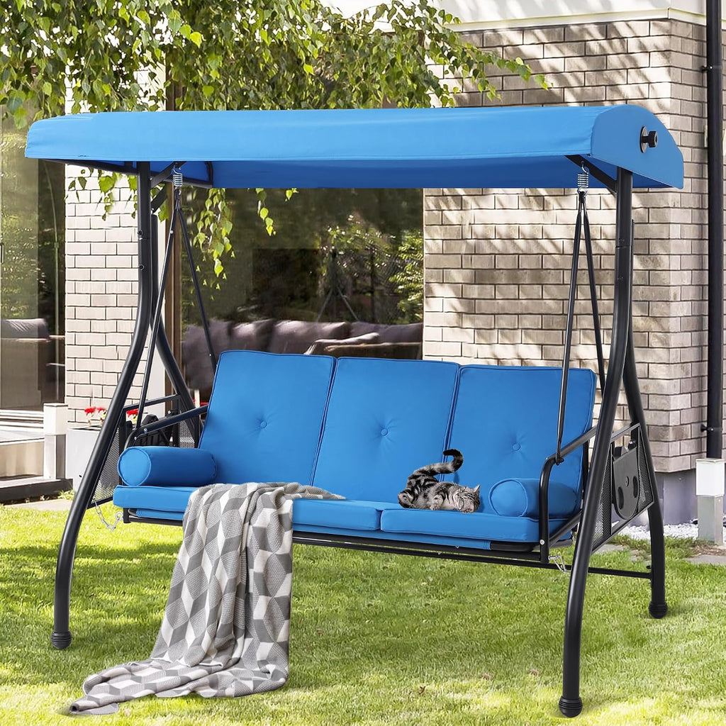 3 Seat Outdoor Porch Swings with Adjustable Canopy - Patio Porch Swing Glider Bench with Stand, Heavy Duty Swing Bed W/Cushions Pillows and Cup Holder for Backyard Garden Lawn Poolside (Blue)