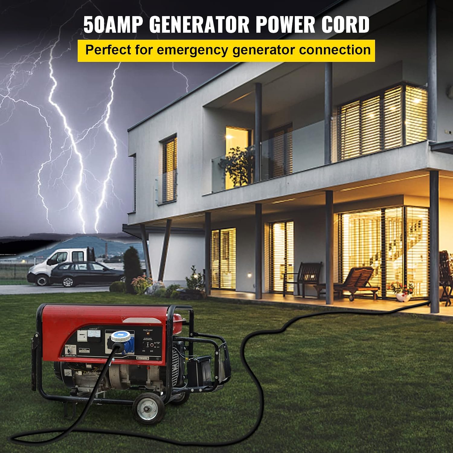 VEVOR 50FT 50Amp RV Extension Cord NEMA N14-50P to N14-50R, 125 / 250V Heavy Duty STW 6/3+ 8/1 RV Power Cord, for EV Charging and RV Trailer Campers