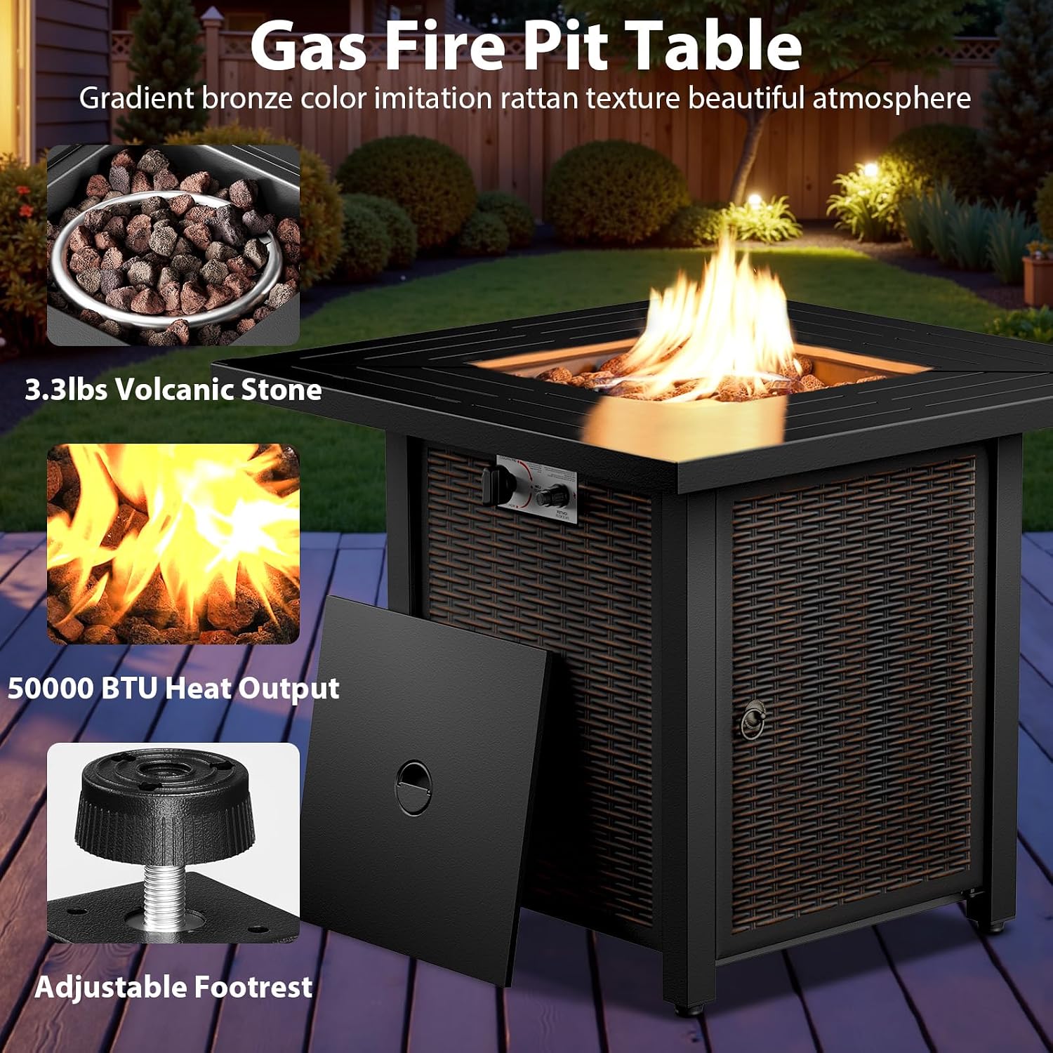 5 Piece Patio Furniture Set with Fire Pit Table - Wicker Patio Conversation Set with Swivel Glider, Glider Loveseat, Tempered Glass Side Table for Deck Backyard - Brown Wicker Beige Cushion
