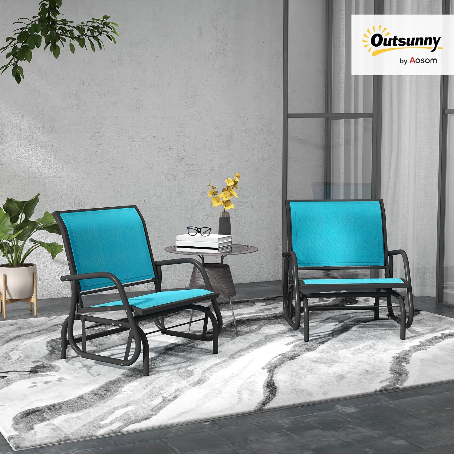 Outsunny Porch Glider Set of 2, Metal Frame Swing Glider Chair with Breathable Mesh Fabric, Curved Armrests and Steel Frame for Garden, Poolside, Backyard, Balcony, Blue