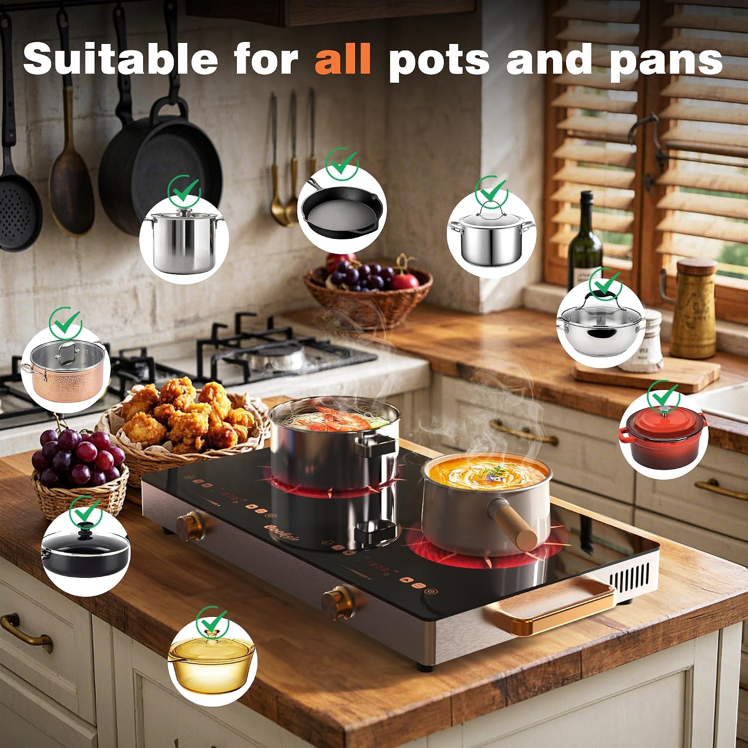 2 Burner Electric Cooktop - 24 Inch Portable Electric Stovetop 110V, 2000W Countertop Tow Burner Ceramic Cooktop with LCD Control Panel, Child Lock, Timer, Knob Control with Plug (Golden)