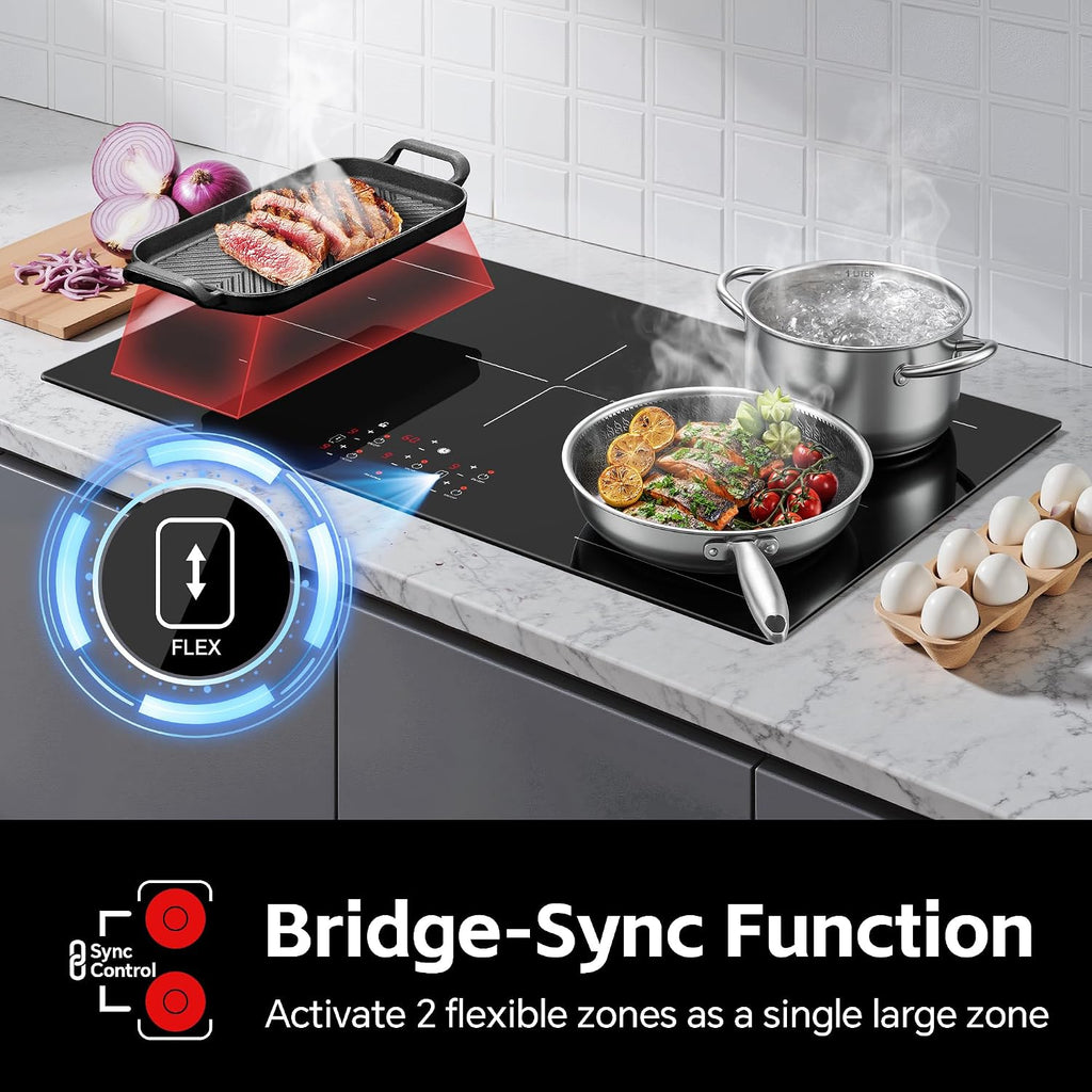36 Inch Electric Induction Cooktop 5 Burners, 10800W Built-in Induction Stove Top with Double Bridge Function, Booster, Timer, Child Lock, Sensor Touch Control, 240V/50A, No Plug