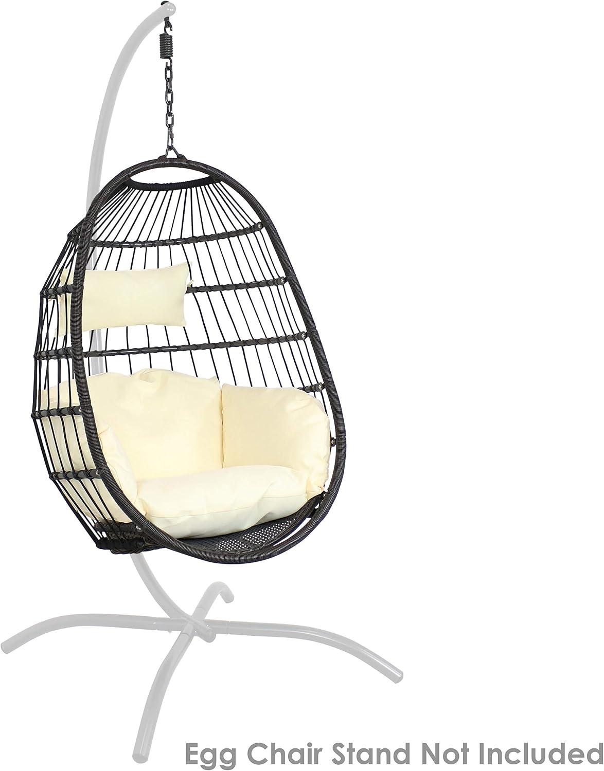 Sunnydaze Penelope Black Steel and Polyethylene Wicker Hanging Egg Chair with Cream Polyester Cushions - 45-Inch Tall