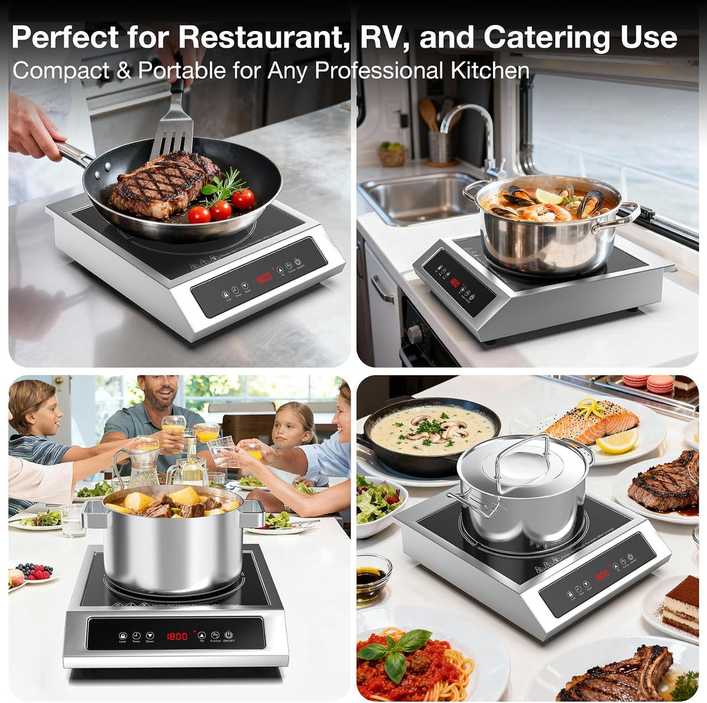 1800W Commercial Induction Cooktop, 120V Stainless Steel Electric Countertop Burner with Digital Touch Panel, 3-Hour Timer - Portable Hot Plate for Restaurant, RV or Food Truck