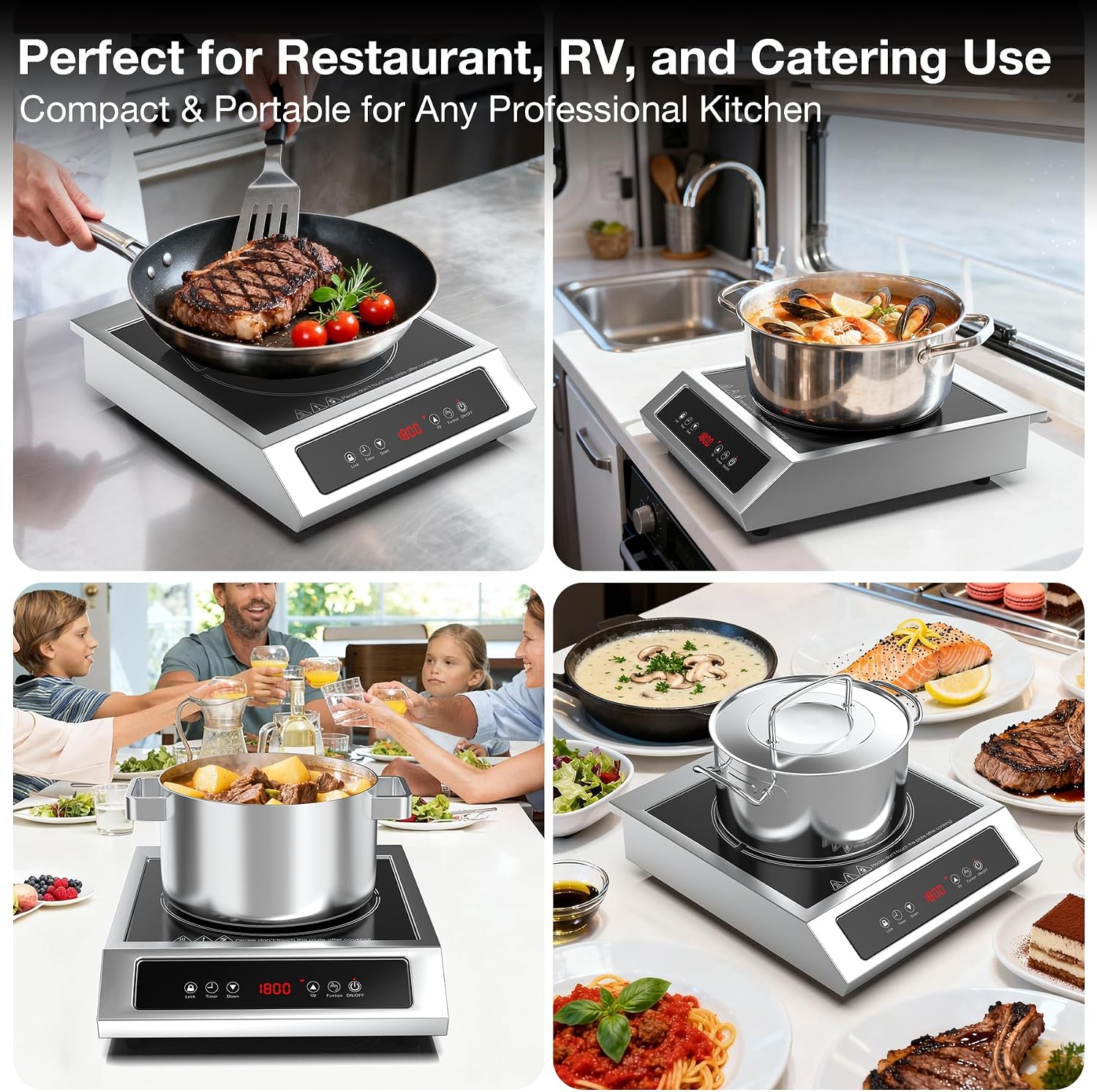 1800W Commercial Induction Cooktop, 120V Stainless Steel Electric Countertop Burner with Digital Touch Panel, 3-Hour Timer - Portable Hot Plate for Restaurant, RV or Food Truck