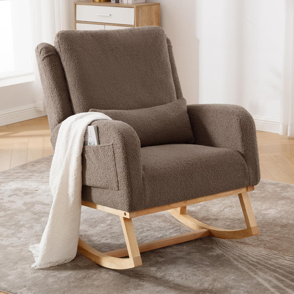 HCHAIRH Rocking Chair Nursery, Teddy Nursing Rocking Chairs, Upholstered Nursery Glider Rocker Wingback Morden Rocking Chair with Lumbar Pillow for Mom Nursery, Living Room, Bedroom, Coffee