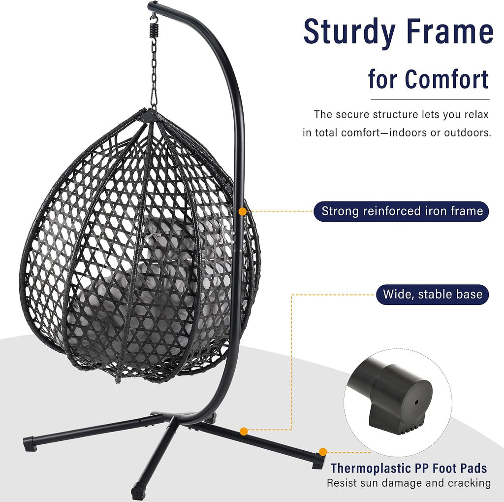 Single Hammock Chair with Stand Durable Hanging Egg Chair with Rattan Weaving, Indoor Outdoor Swing Chairs with Soft Removable Cushion for Balcony, Bedroom, Patio, or Garden, Black+ Grey