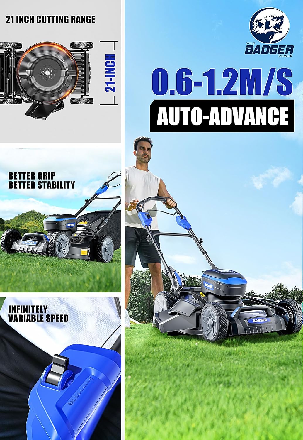 Wild Badger Power 40V 21″ Cordless Lawn Mower Brushless, 6,534 sq ft/0.15 ac, 2×4.0Ah Batteries & Fast Charger, 7-Position Heights,for Medium-to-Large Lawns