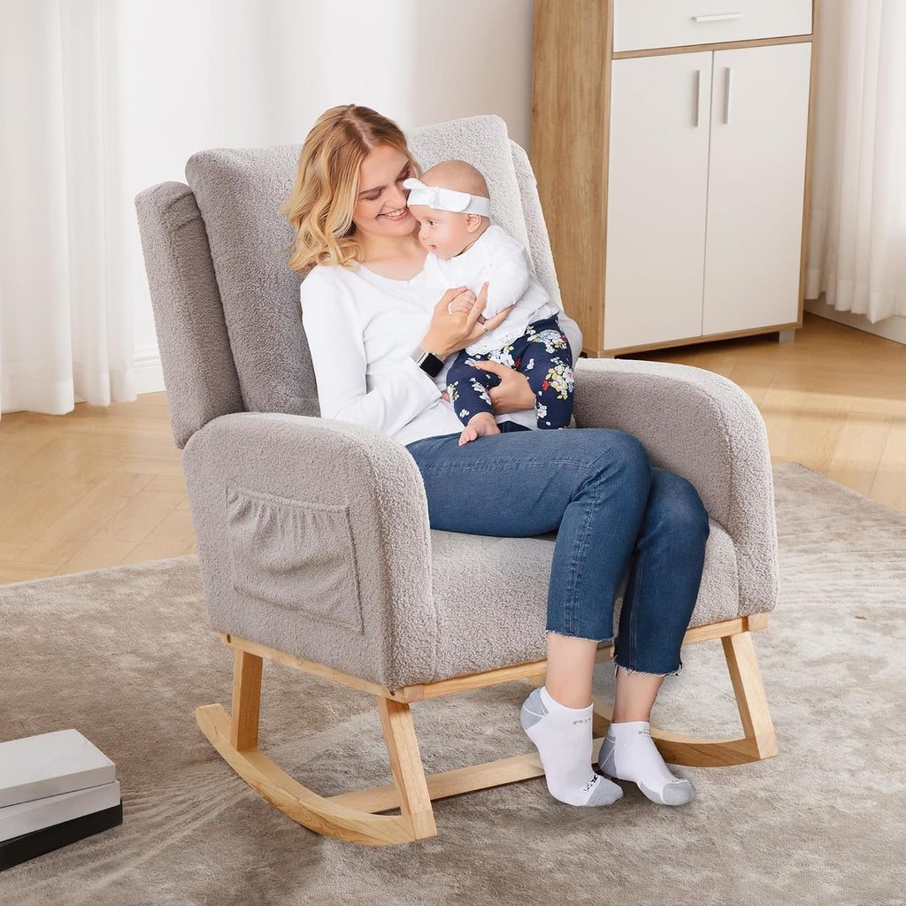 HCHAIRH Rocking Chair Nursery, Sherpa Nursing Rocking Chairs, Upholstered Nursery Glider Rocker for Mom Nursery Morden Accent Rocking Chair Pillow for Living Room,Bedroom,Teddy Light Grey