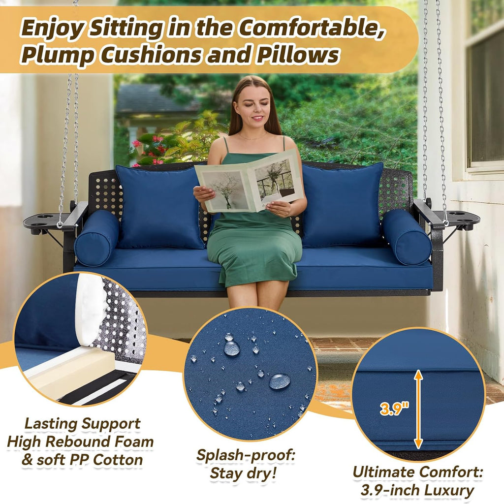 3 Seat Hanging Porch Swing, Patio Swing Bench with Cup Holders & 3 Back Cushions, Swing Chair with Chains for Deck Garden Backyard,Blue(60-Inch Width)