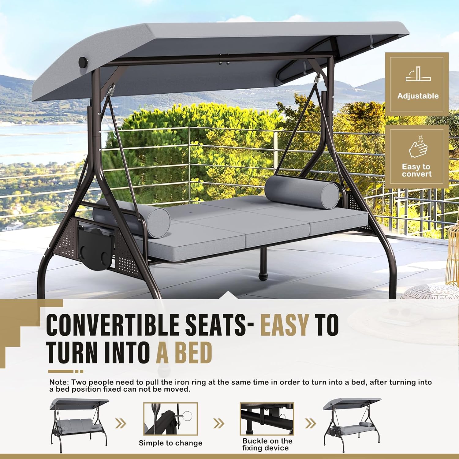 Betterland 3-Seat Patio Swing Chair, Outdoor Porch Swing with Cushions,Pillows & Cup Holders, Adjustable Canopy Outside Bench Swing for Backyard, Garden, Porch (Grey)