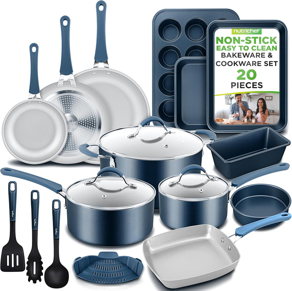 NutriChef Professional 20 Pc Pots and Pans Set Non Stick in Navy Blue - Includes Bakeware & Utensils, Induction Ready, Easy Clean