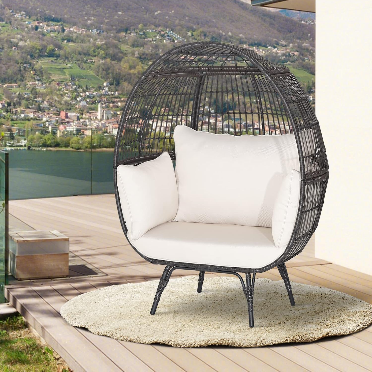 Giantex Oversized Wicker Egg Chair, Outdoor & Indoor Hammock Chair with Thick Cushions, 2-Person PE Rattan Lounge Chair Swing Chair for Patio, Backyard,Porch, 450 LBS Weight Capacity (Mix Brown)