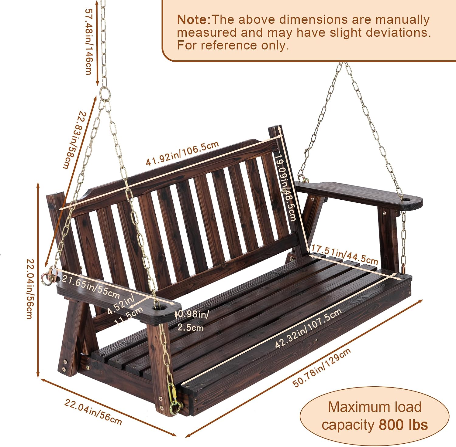 Anraja Wooden Porch Swing 2-Seater Bench Swing with Hanging Chains Heavy Duty 800 LBS for Outdoor Patio Garden Yard, Large 4 Ft, Dark Brown