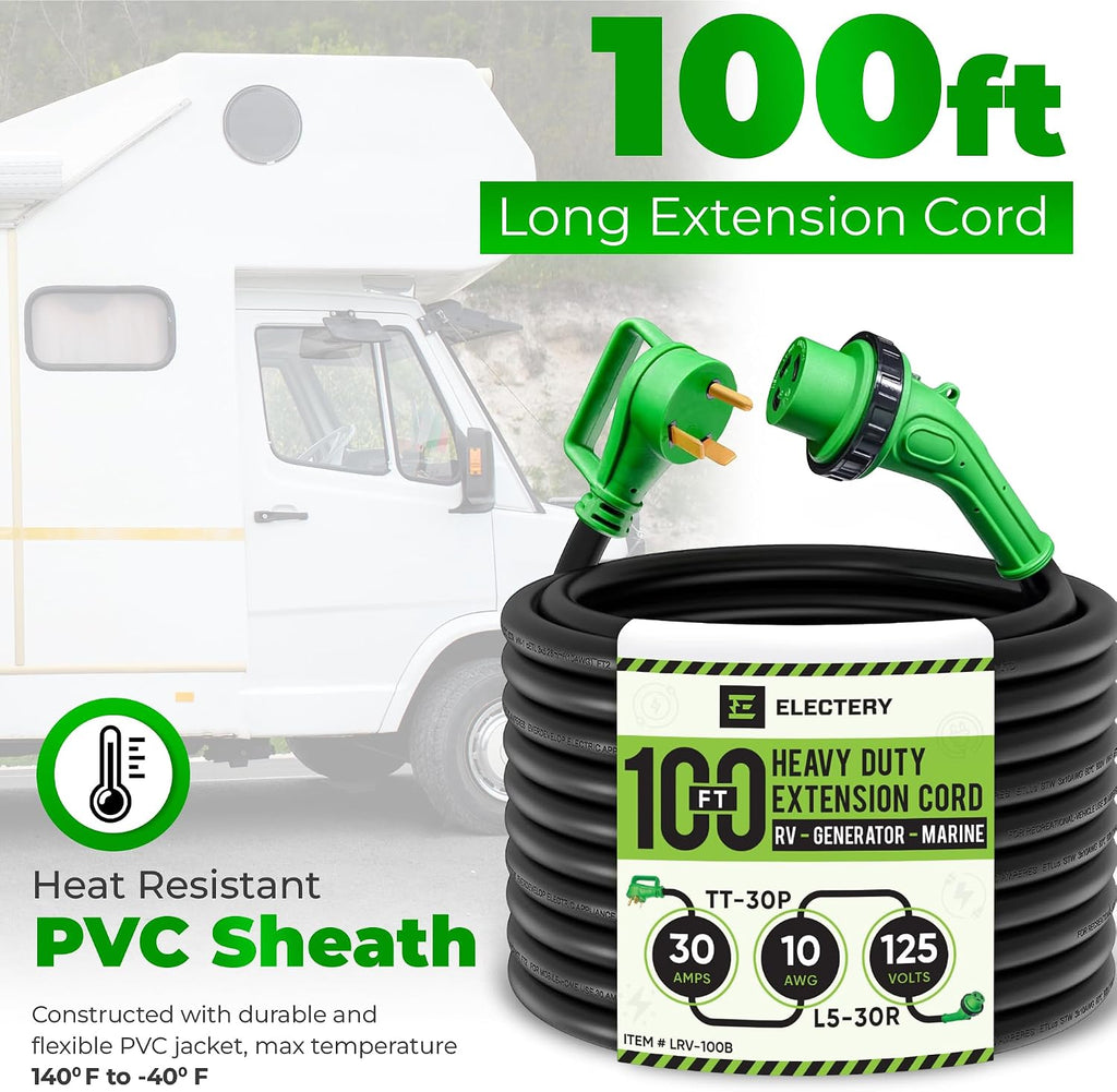 30 Amp Generator Extension Cord 100 FT, TT-30P to L5-30R Twist Lock, LED Power Indicator & Reverse Polarity Light, 10 AWG Heavy Duty RV Shore Power Cord, 90° Grip Handle, for Generator, Camper, Marine