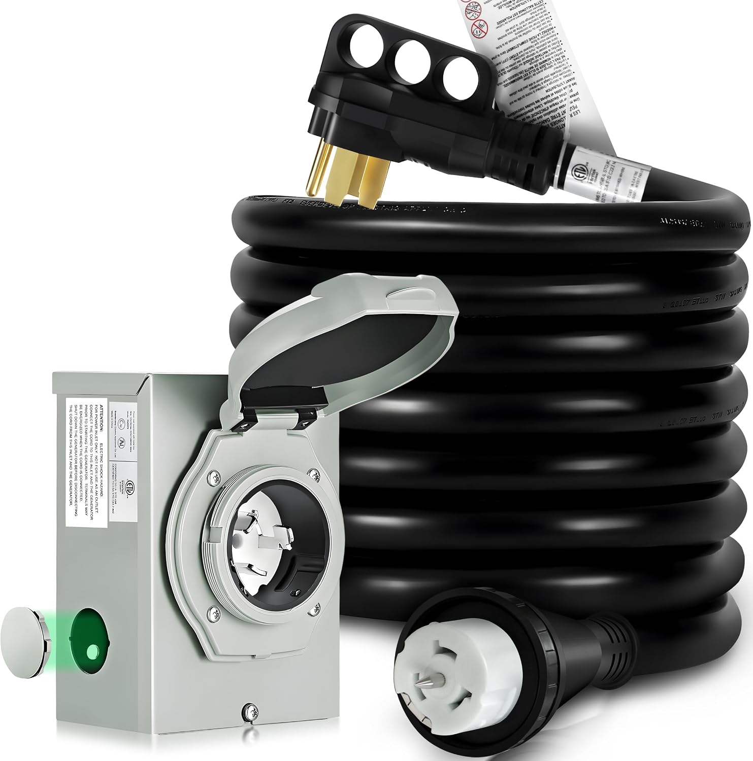 50 Amp Generator Cord and Inlet Box Kit - 50FT ETL Certified Twist Lock, NEMA 14-50P to SS2-50R, Pre-Drilled for Easy Installation, STW 6/3+8/1 AWG for 125V/250V