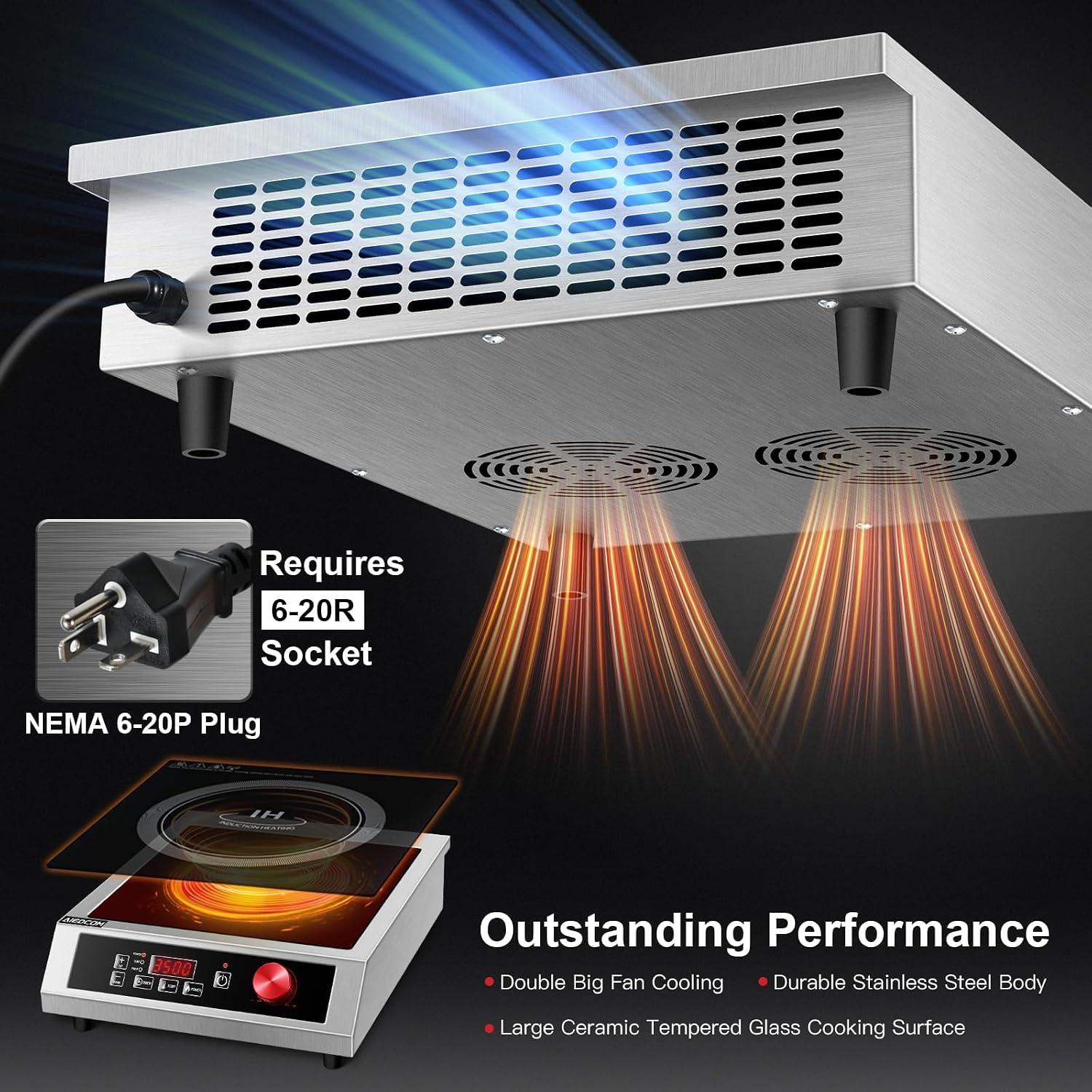 3500W 220V~240V Commercial Induction Cooktop, Powerful Electric Induction Burner, Countertop Electric Stove with Digital Sensor, Touch/Knob Control