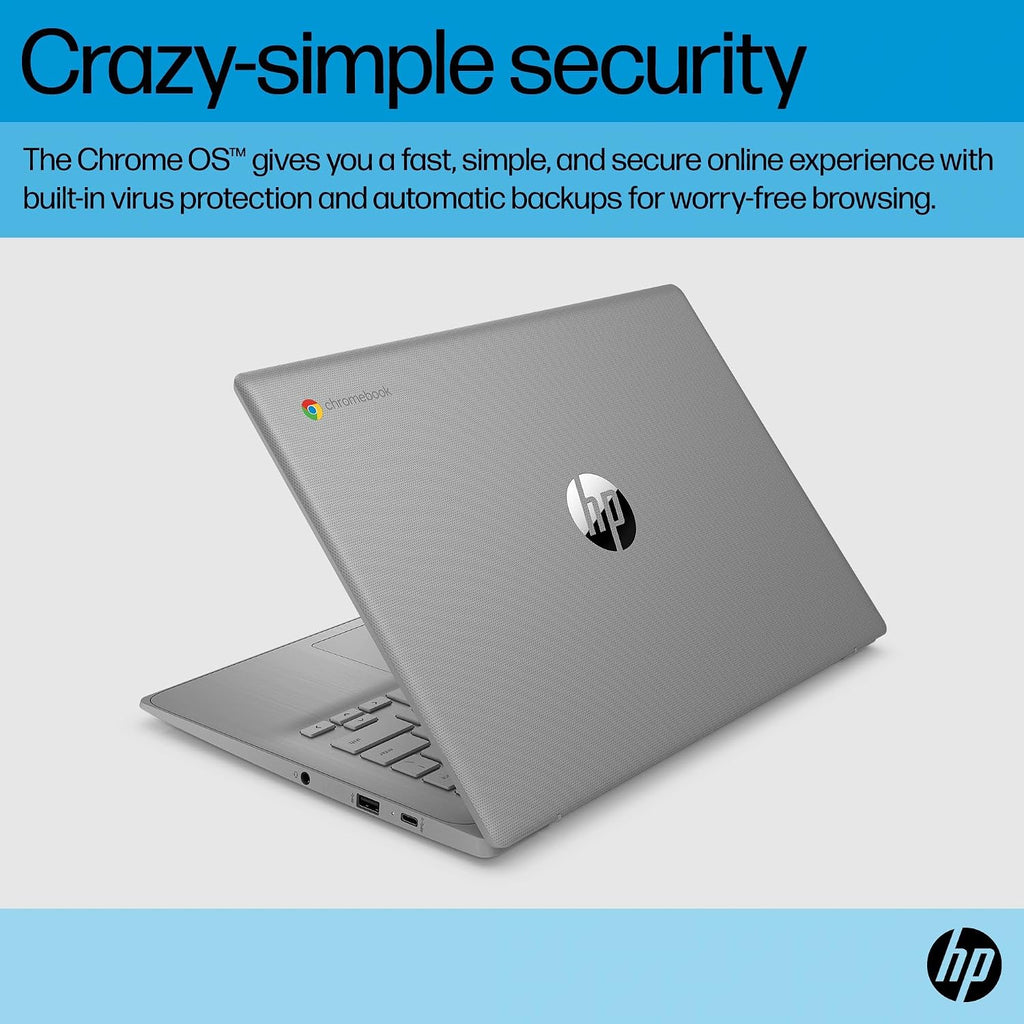 HP Chromebook 14 Laptop (14' HD, Intel 4-Core Celeron N4120, 4GB RAM, 192GB Storage(64GB+128GB SD Card)) for Home & Student, Light Weight & 14-Hr Battery Life, Webcam, Wi-Fi, IST HUB, Chrome OS, Grey