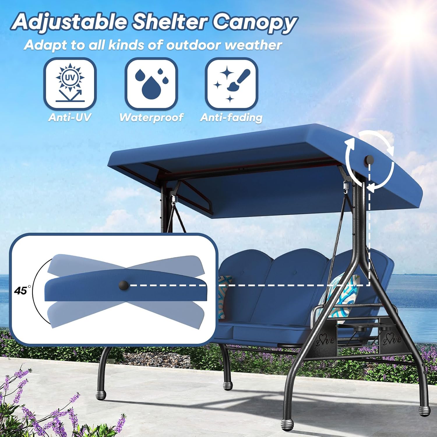 ZZW 3 Seat Outdoor Porch Patio Swing with Stand 800lbs 2-in-1 Convertible Swing Bed with Adjustable Canopy & Removable Cushion for Yard Garden Deck (Blue, Round Tube)
