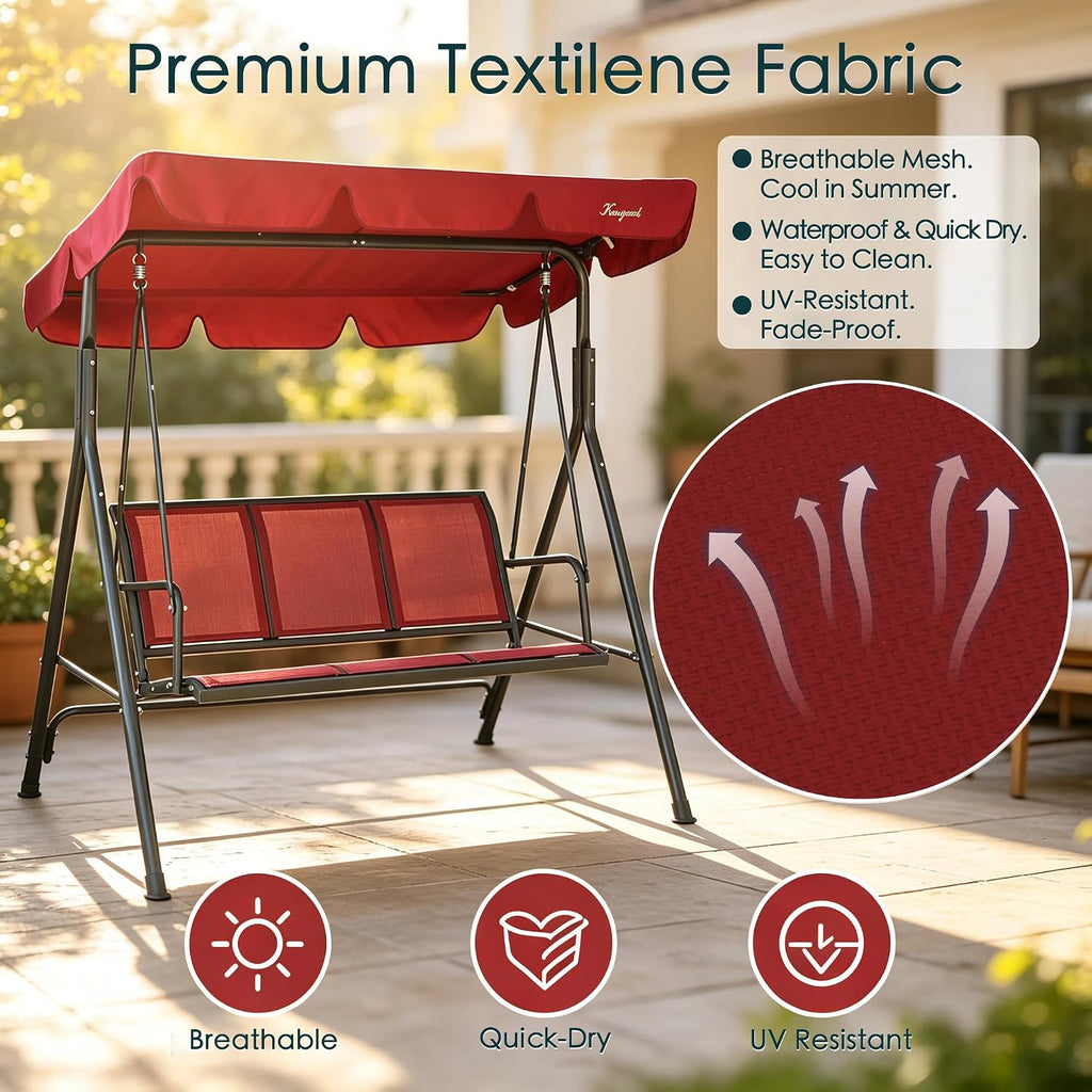 Kozyard 3-Person Outdoor Canopy Porch Swing Chair, Breathable Textilene Armrest Seat, Adjustable Shade, Heavy-Duty Powder-Coated Steel Frame Swing for Patio, Backyard, Poolside & Balcony Burgundy
