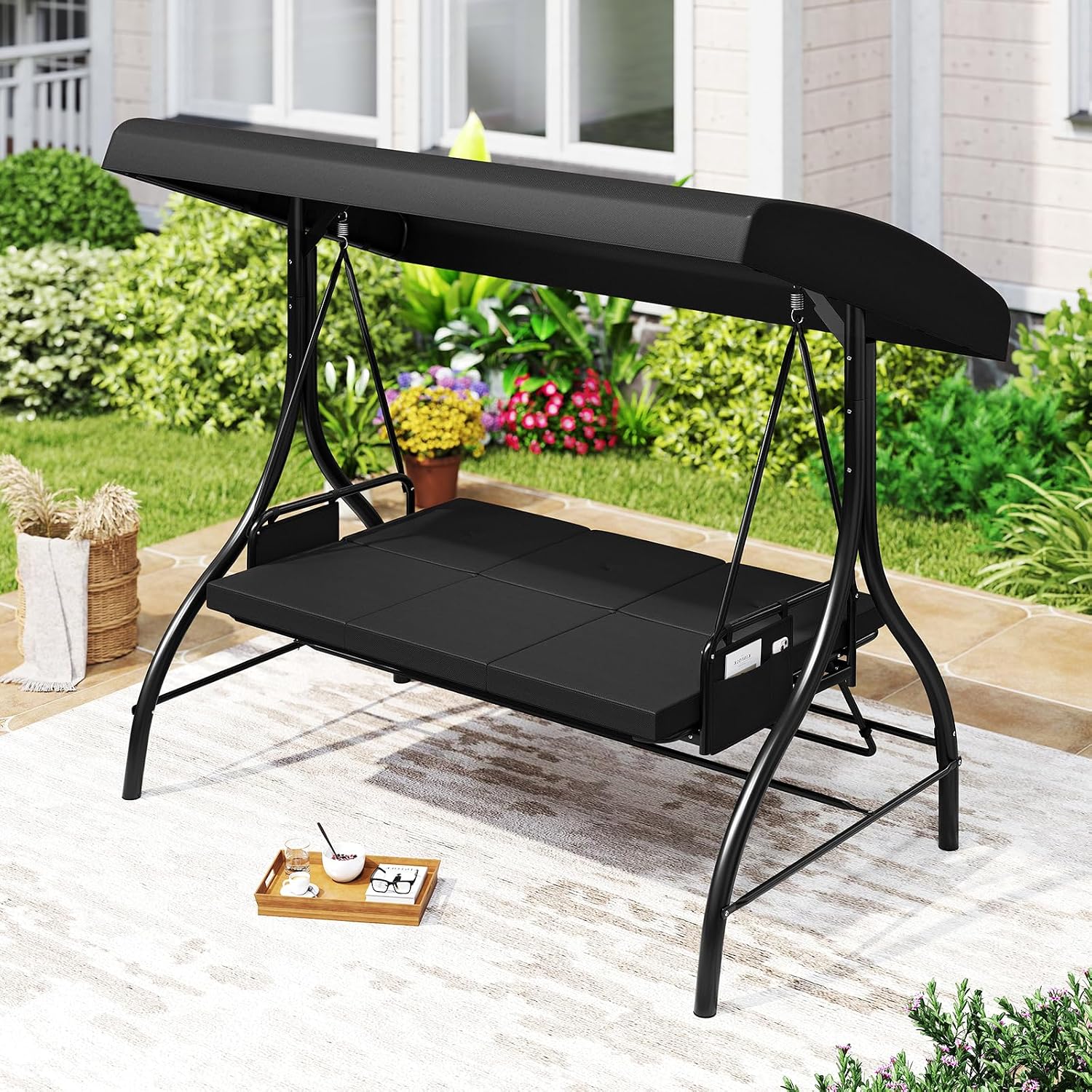 Tangkula 3 Person Porch Swing, 2-in-1 Convertible Outdoor Swing with Adjustable Canopy, Removable Cushions, Metal Frame, Side Pockets for Backyard, Garden, Porch (Black)