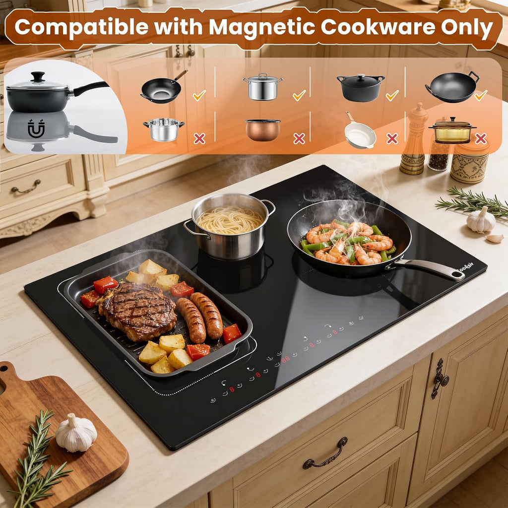 Induction Cooktop 30 Inch with Iron Pot, 4 Burner Built-in Stove 7200W, 30' Induction Stovetop Slide Touch with Flex Zone, Boost, Timer, Lock, Pause, 220V Hard Wired (No Plug)
