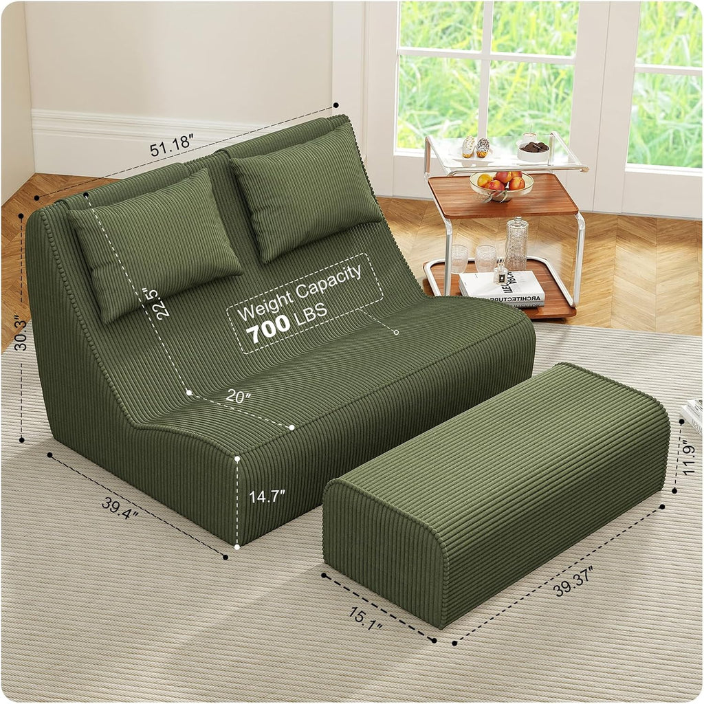 Giant Bean Bag Chair for Adults - Indoor Chaise Lounge with Pillows & Ottomans, Upholstered Loveseat Floor Sofa Chair for Reading, Gaming, Napping, and Movies (Olive Green)