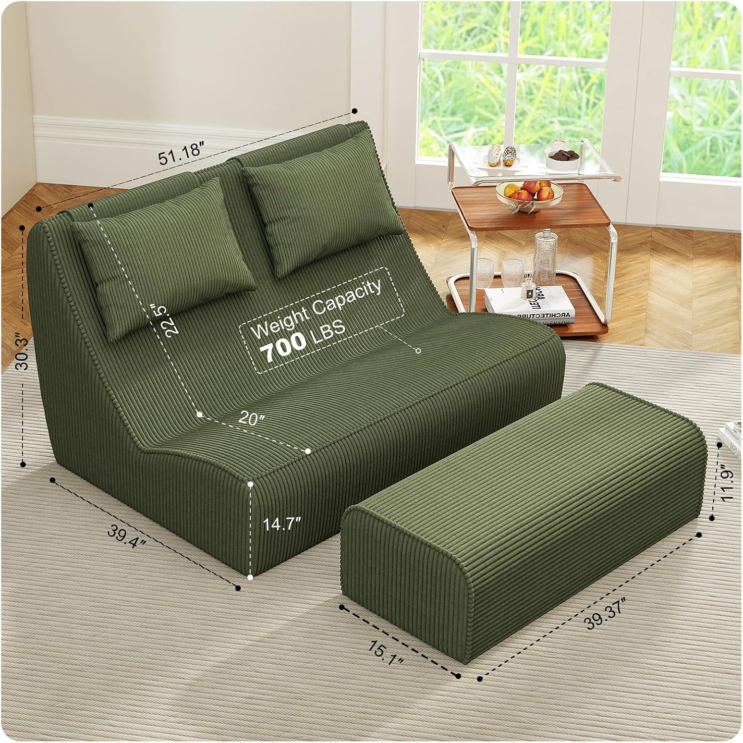 Giant Bean Bag Chair for Adults - Indoor Chaise Lounge with Pillows & Ottomans, Upholstered Loveseat Floor Sofa Chair for Reading, Gaming, Napping, and Movies (Olive Green)