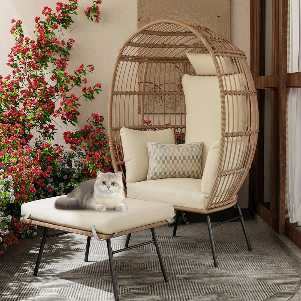 GAOMON Oversize Wicker Egg Chair with 4 Comfy Cushions, Big Egg Shaped Lounger with Ottoman, Rattan Reading Chairs for Indoor Outdoor Patio Porch Backyard, Beige
