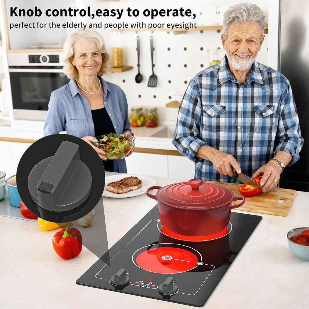 VBGK electric hob,Built-in Design and Countertop Stove Top with Knob Control&Touch Control,9 Power Level, Timer & Kid Safety Lock,220V 2100W 2 burner electric hob
