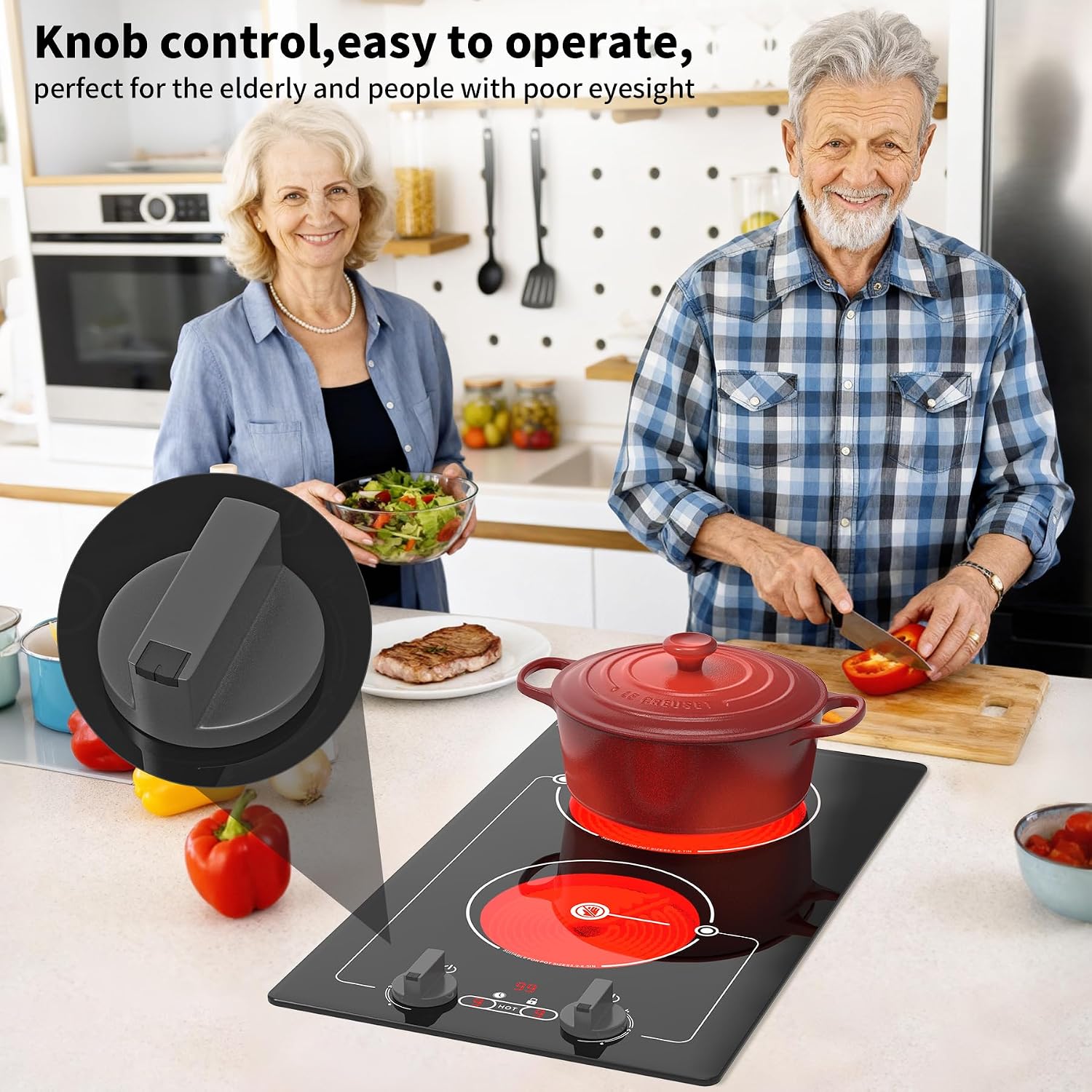 VBGK electric hob,Built-in Design and Countertop Stove Top with Knob Control&Touch Control,9 Power Level, Timer & Kid Safety Lock,220V 2100W 2 burner electric hob