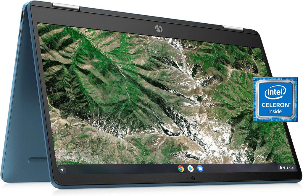 Laptop HP X360 14a Chromebook 14' HD Touchscreen, Entertaining from Any Angle Intel Celeron, 4GB LPDDR4 64GB eMMC WiFi Webcam Stereo Speakers Bluetooth 4.2 Chrome Blue Metallic Color (Renewed)