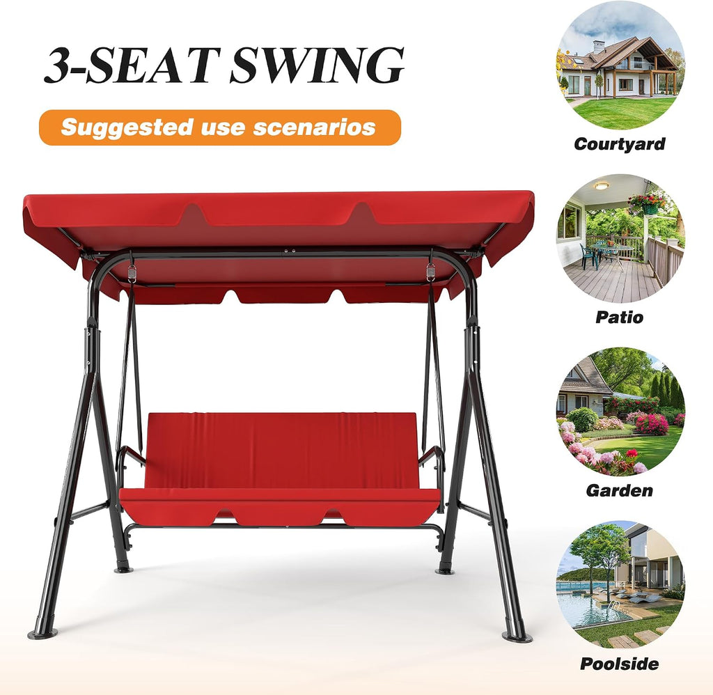 GARTOO 3-Seat Patio Swing Chair, Outdoor Porch Swing with Adjustable Canopy and Durable Steel Frame for Patio, Garden, Poolside(Red)