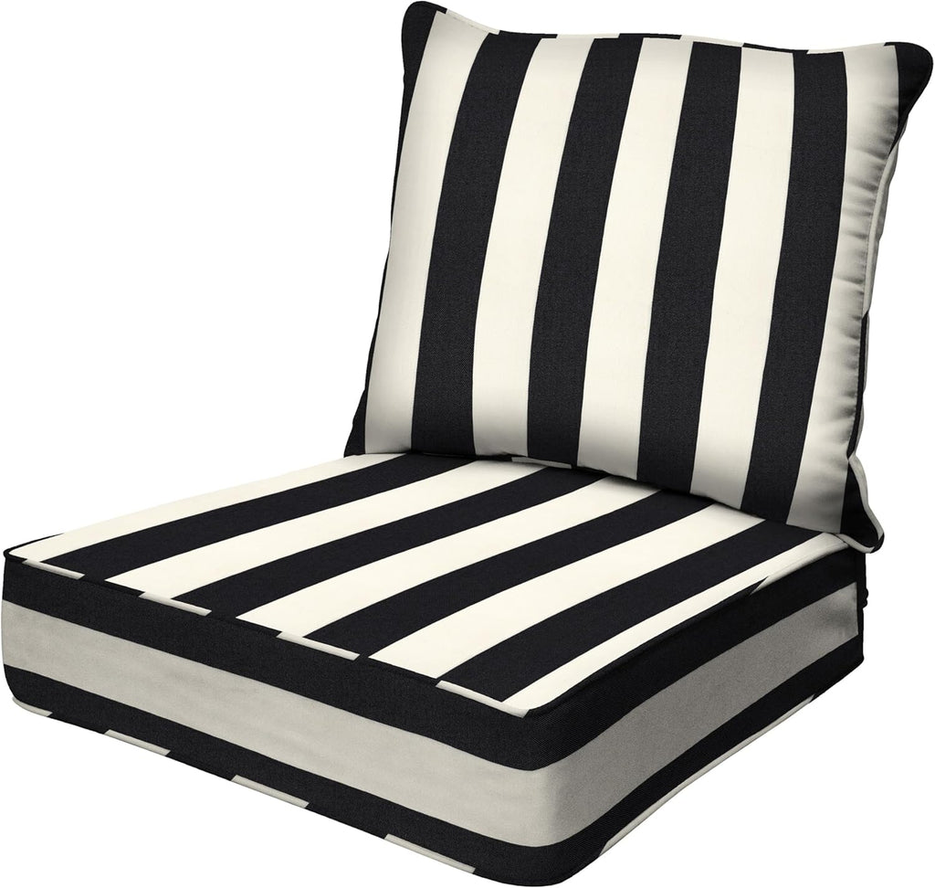 Honeycomb Outdoor Heritage Deep Seat, 23 x 25, Cabana Stripe Black & Ivory Chair Cushion with Removable Cover, for Patio Furniture