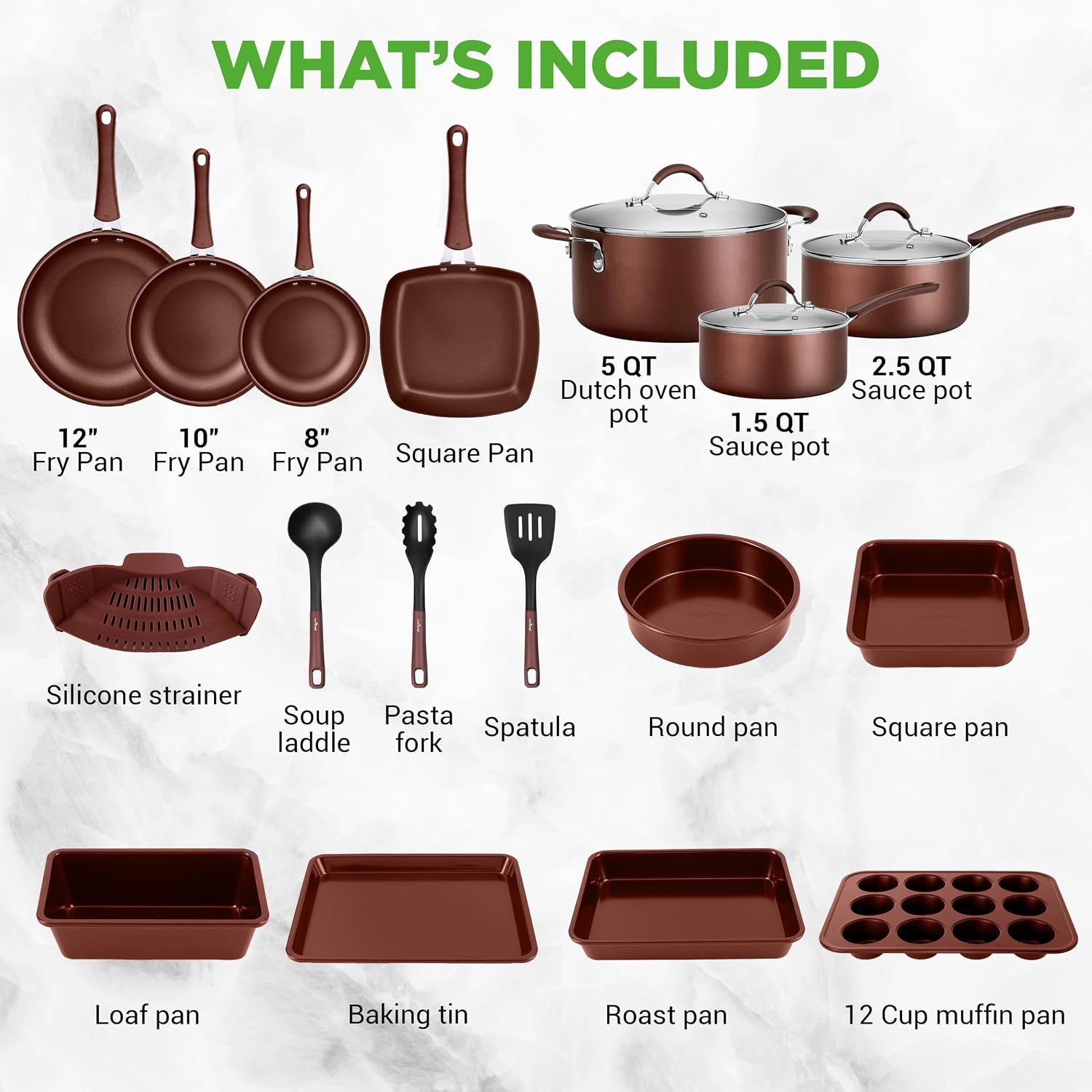 NutriChef 20 Piece Professional Home Kitchen Cookware and Bakeware, Pots and Pans Set Non Stick Kitchenware, Cool-Touch Handles, Safe for Gas, Electric, Induction Cooktops, Easy Clean, Brown