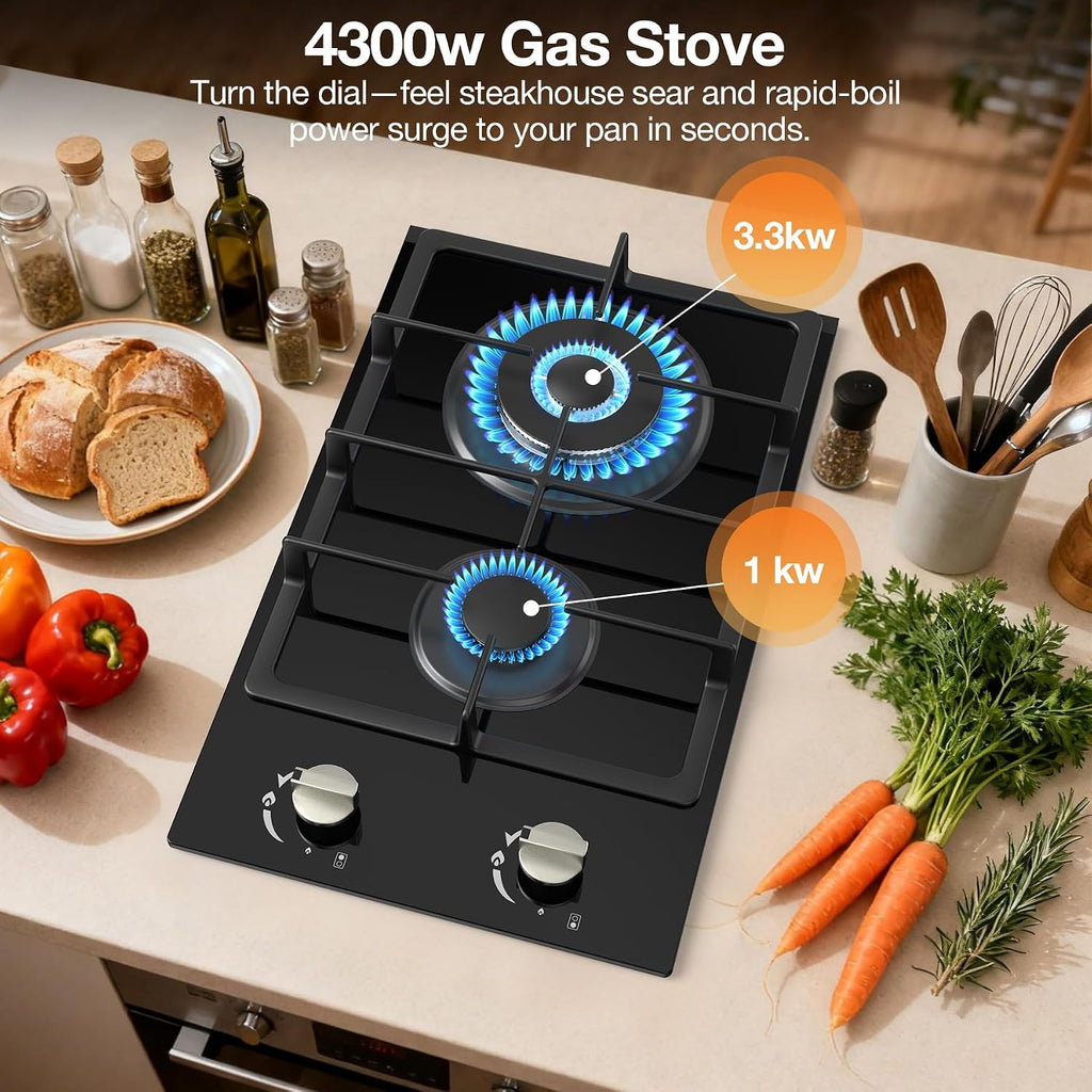 ANHANE 12-Inch Gas Cooktop, 2 Burner Drop-In Propane Stove Top, 14,600 BTU NG/LPG Dual Fuel Stainless Steel RV Cooktop with Auto-Shutoff Protection for Tiny Homes, Apartments & Campers