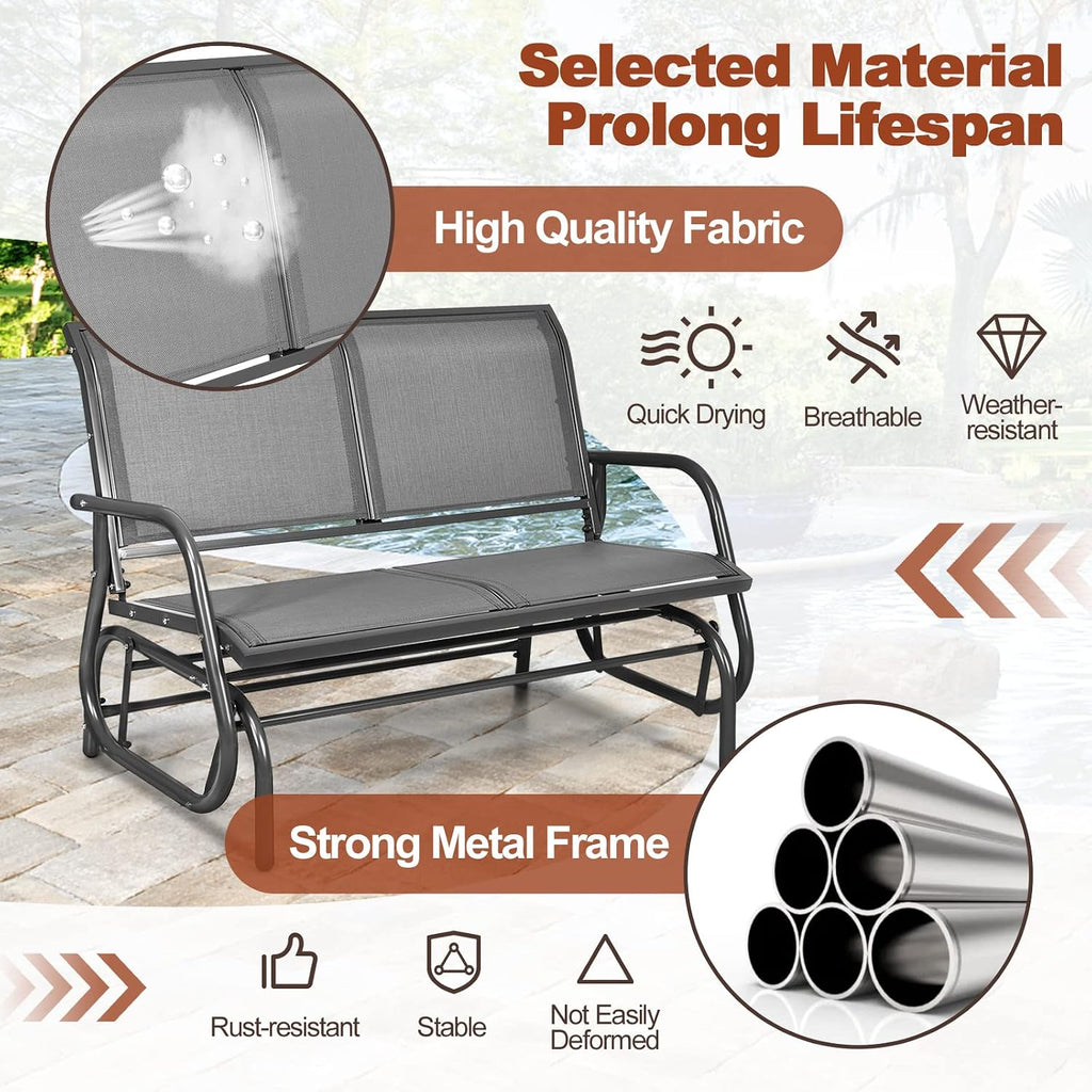 Tangkula 2 Person Patio Glider, Outdoor Swing Bench, Rocker Glider Loveseat Chair with Heavy-Duty Steel Frame, Breathable Seat Fabric, Rocking Lounge Chair for Poolside, Garden, Backyard, Porch (Gray)