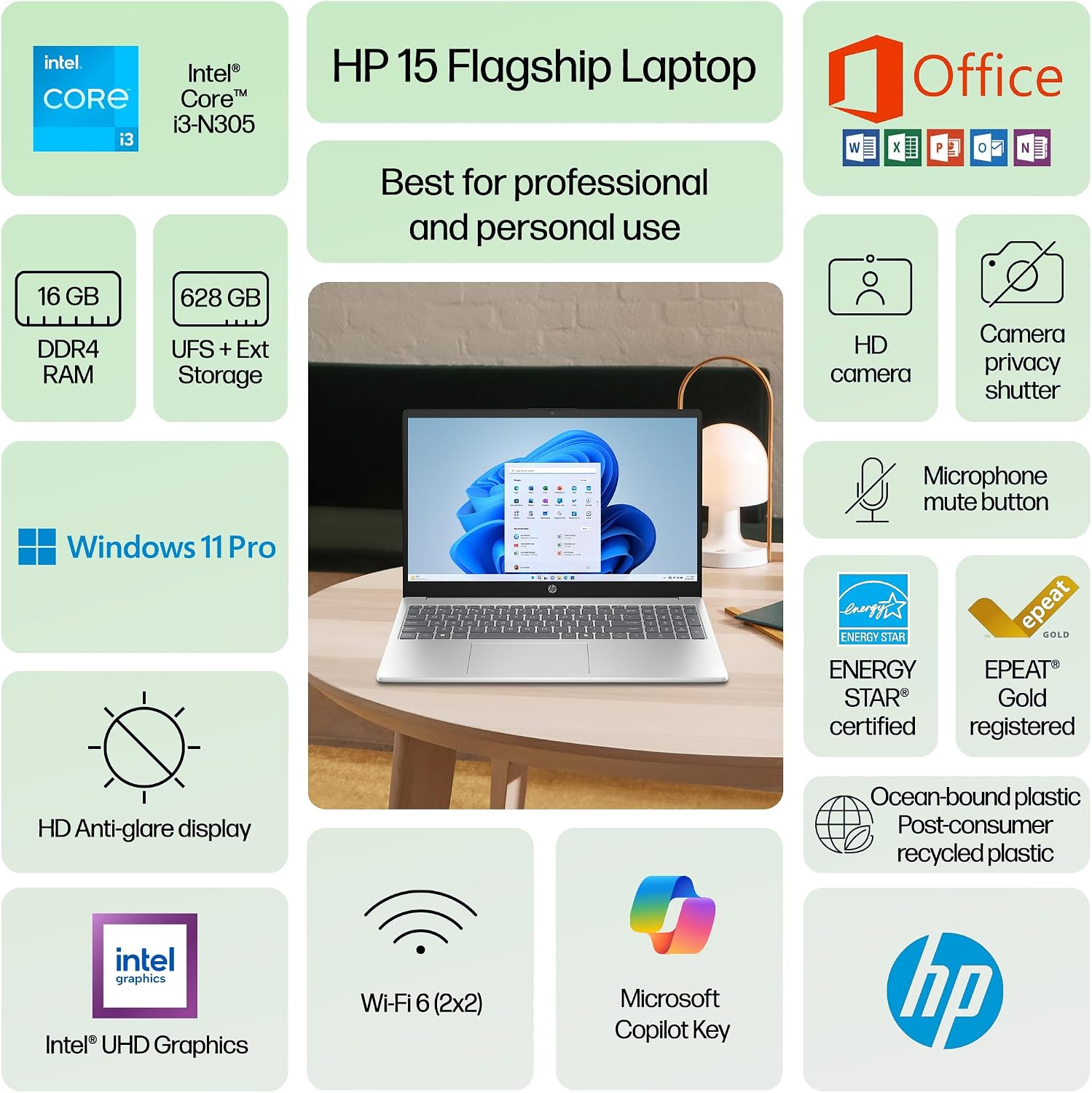 HP Laptop 2025 Flagship Business Ultra Slim, Lifetime Office, AI-Powered,15.6' HD, 8-Core Intel i3, 16GB RAM, 628GB Storage (128GB UFS+500GB Ext), Wi-Fi 6, Copilot Key, HubxcelAccessory, Win 11 Pro