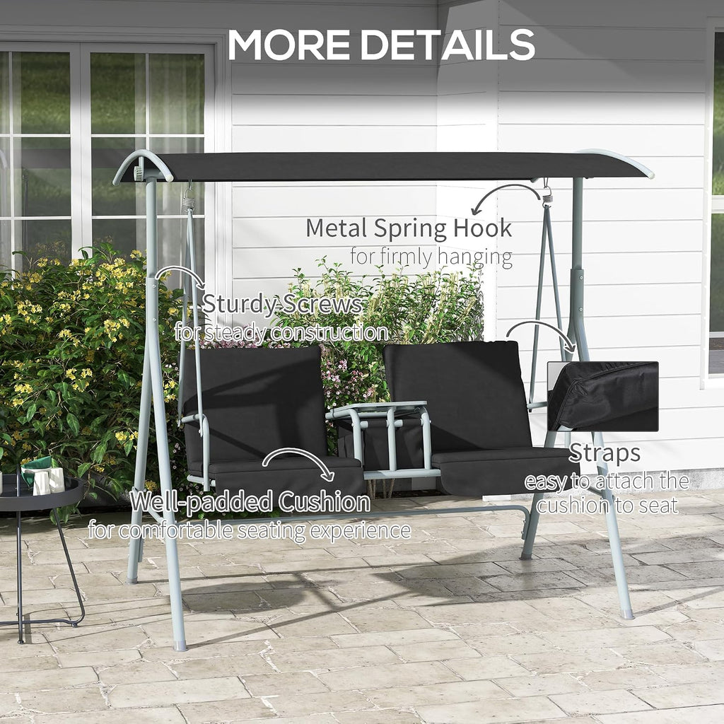 Outsunny 2 Person Porch Swing with Stand, Outdoor Swing with Canopy, Pivot Storage Table, 2 Cup Holders, Cushions for Patio, Backyard, Black