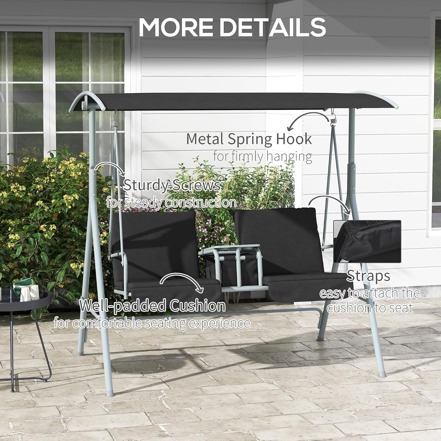 Outsunny 2 Person Porch Swing with Stand, Outdoor Swing with Canopy, Pivot Storage Table, 2 Cup Holders, Cushions for Patio, Backyard, Black