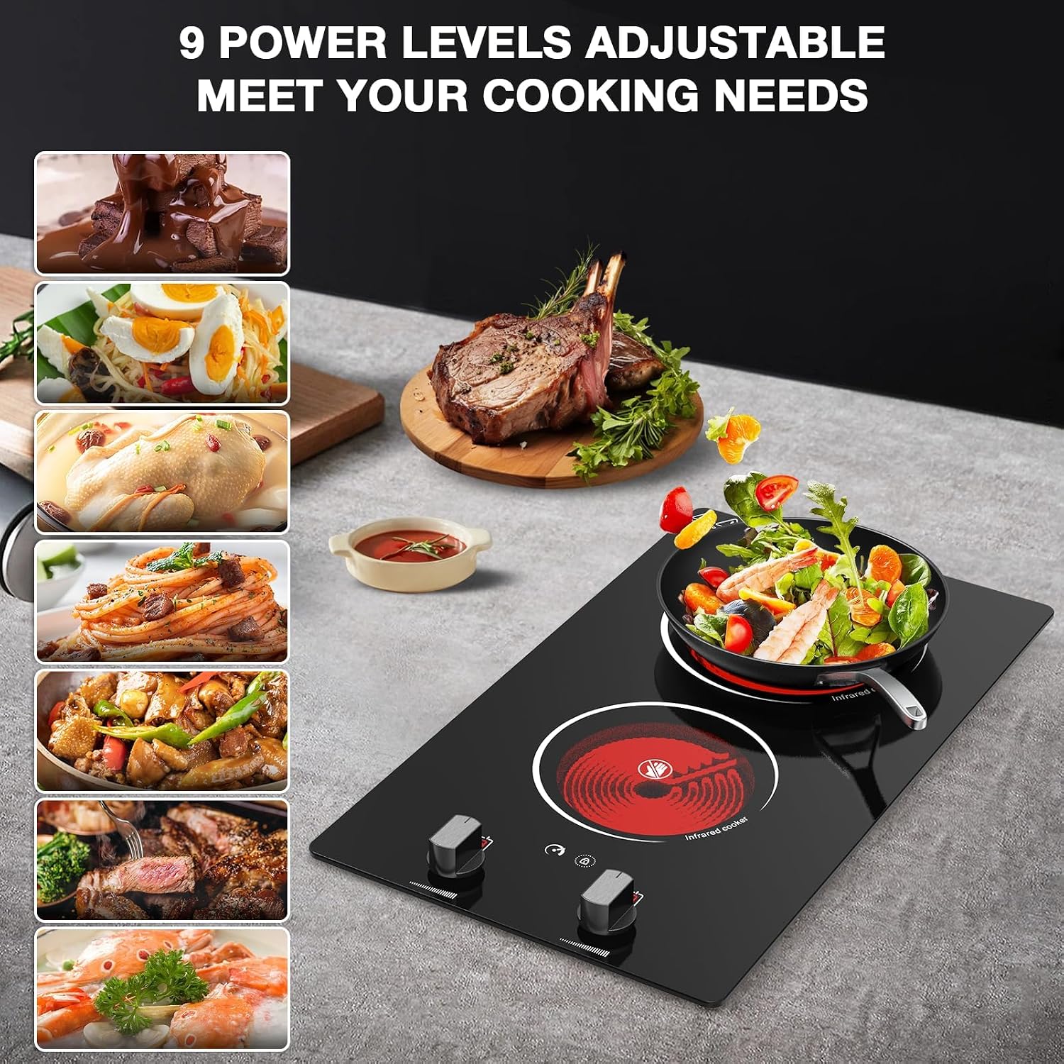 2 Burner Electric Cooktop - 12' Infrared Electric Stove Top with Knob Control, Countertop & Built-in, 2100W Ceramic Electric Hot Plate with 9 Power Levels, Child Lock, Timer, Residual Heat Warning